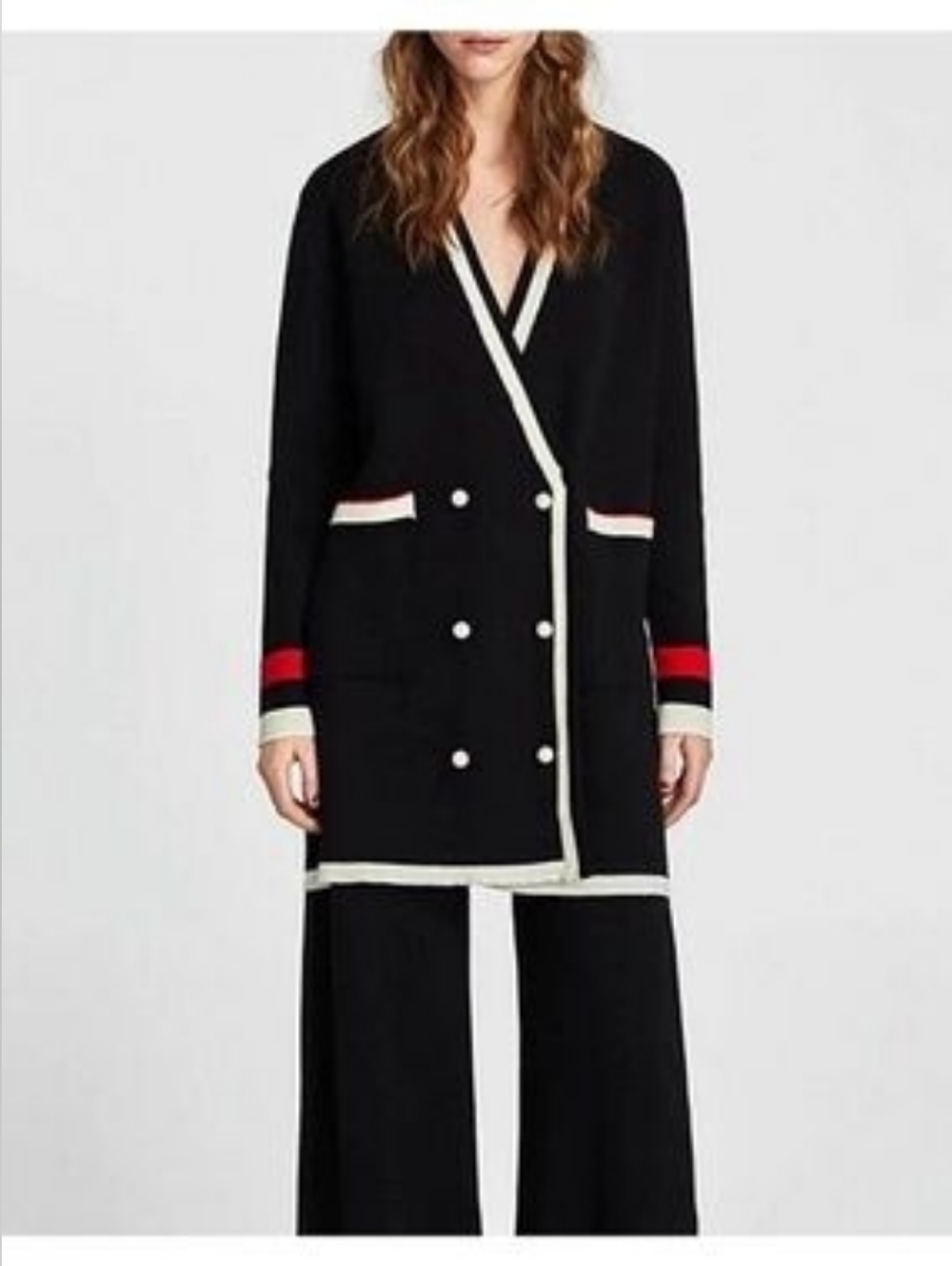 Zara Knit Long Cardigan Jacket Flare Pants Set Pearl Buttons Black L - Picture 2 of 16